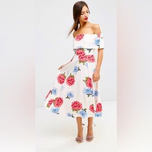 Asos premium off the shoulder Bardot midi dress in garden floral